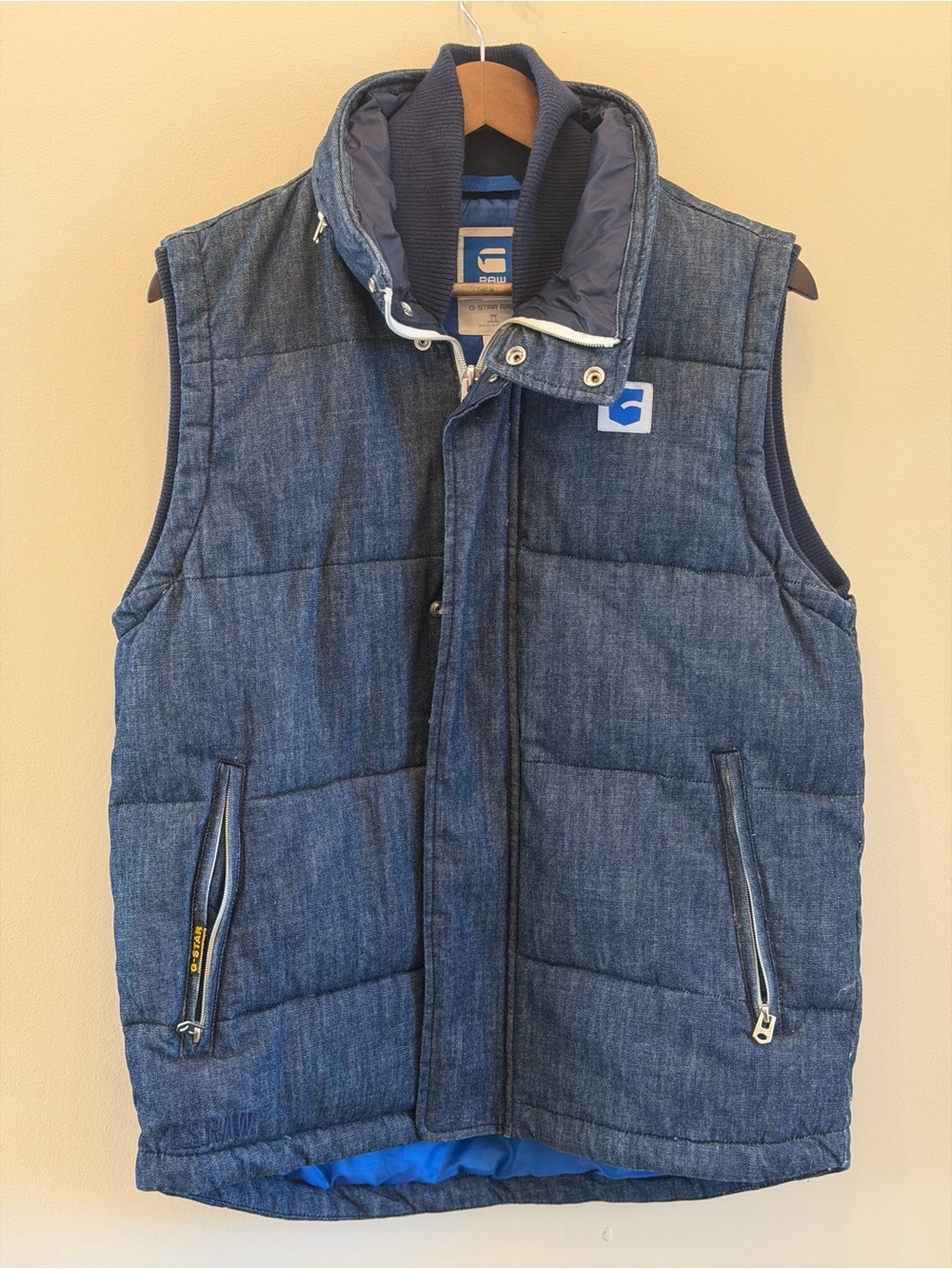 G-Star RAW denim heavy Mens Medium M zip hidden Hood Puffer Vest Jacket LIKE NEW